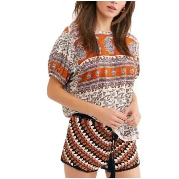 Free People High-Low Scoop Back Paisley-Print Top Boho Puff Sleeve Peasant XS - Picture 3 of 13